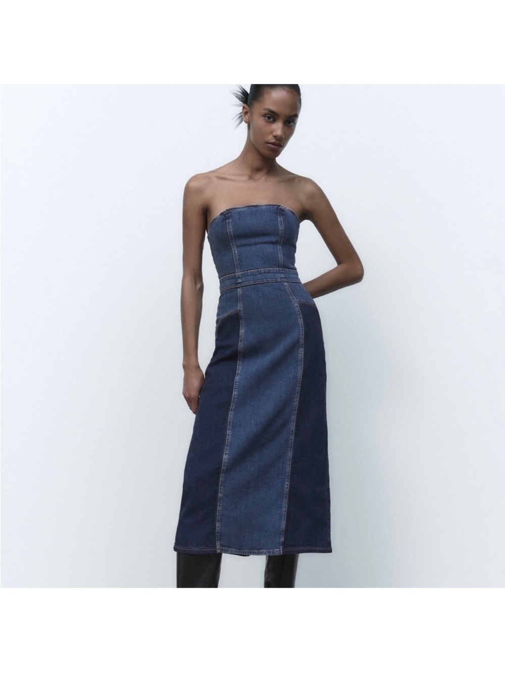 Zara strapless denim patchwork dress Size Large fits Medium - Picture 3 of 11